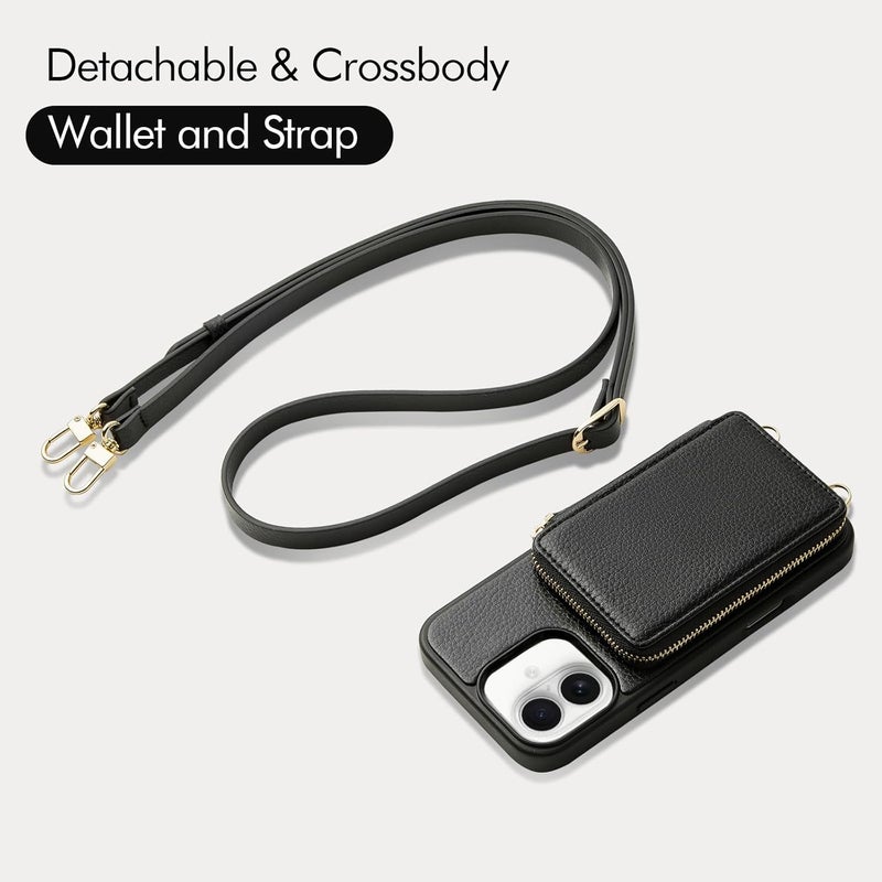 ZVE for iPhone 16 Case Wallet with Card Holder, RFID Blocking Zipper Phone Purse with Adjustable Crossbody Strap and Wrist Strap for iPhone 16 6.1", Black - Image 5